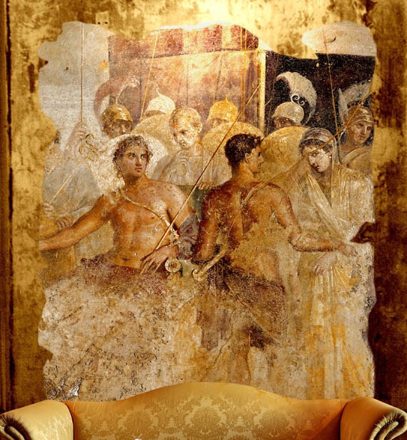 Affresco romano di Achille e Briseide dalla Casa del Poeta Tragico di Pompei su Tnt tessuto non tessuto
